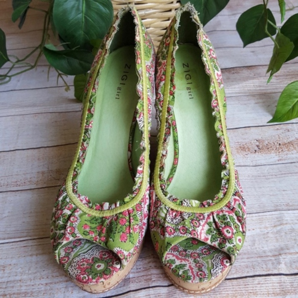 🌸 ZiGi Girl Floral Cork Wedges Peep Toe Size 10 - Picture 2 of 7